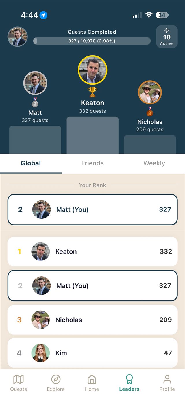 Global leaderboard ranking friends by quests completed