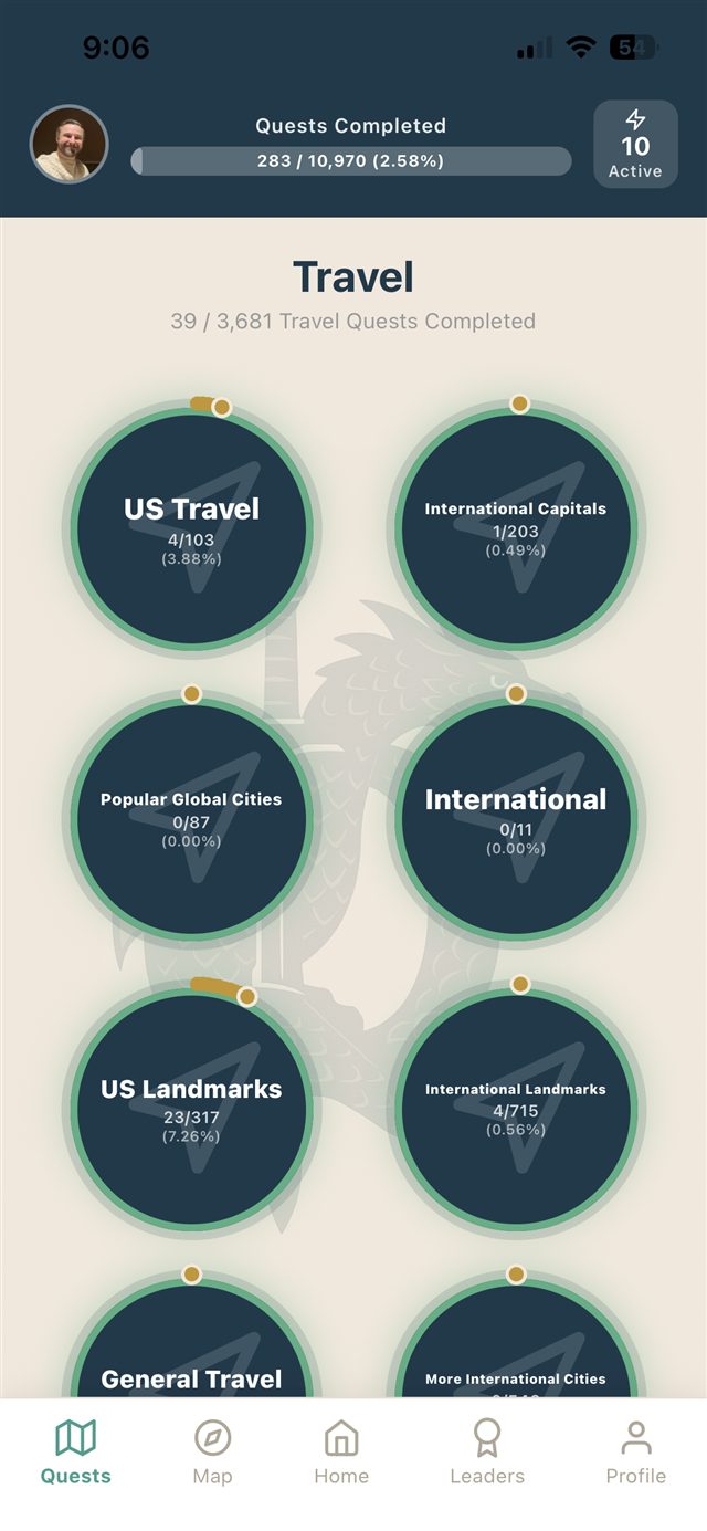 Browsing Travel quests by subcategory: US Travel, International Capitals, Landmarks, and more